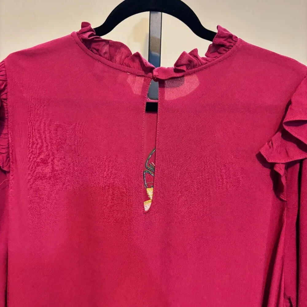Umgee Burgundy Red Sequin Embroidered Floral Sequin Bird Long Sleeve Dress - Picture 6 of 10